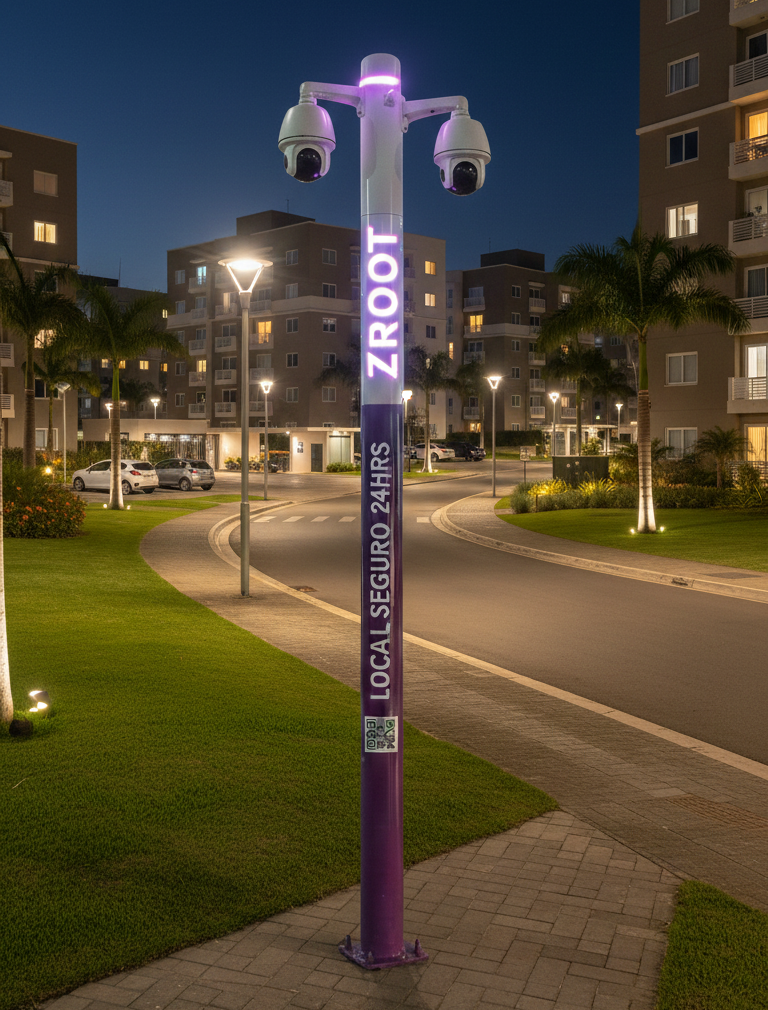 Totem de monitoramento ZROOT iluminado em condomínio residencial